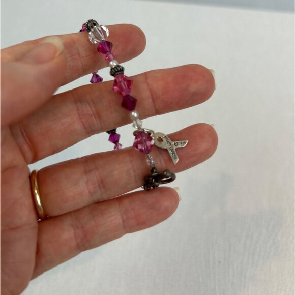 Vintage 925 Sterling Silver Pink Crystal Beaded Breast Cancer Bracelet - Picture 5 of 5